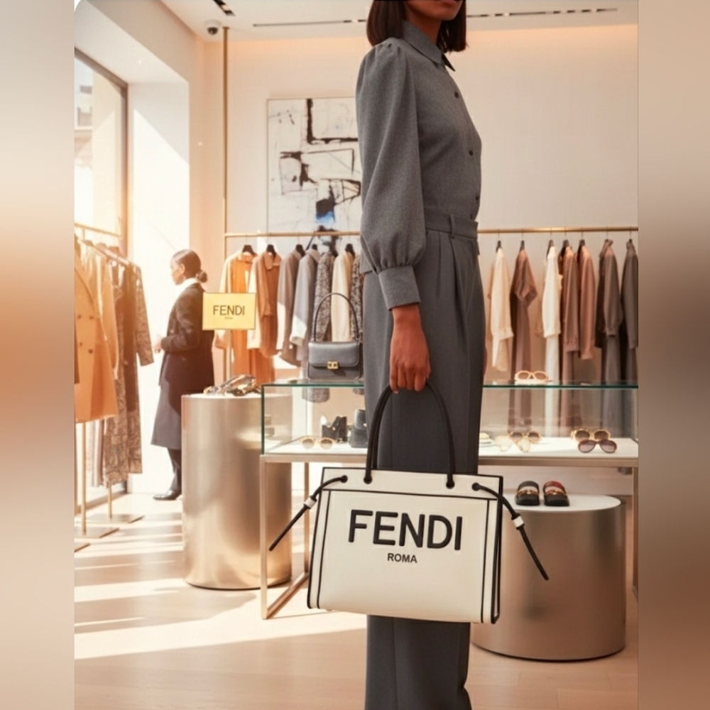 Fendi Canvas Logo Shopping Tote In Off White.